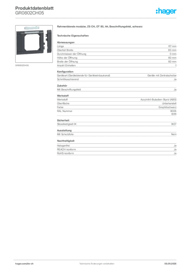 Bild Hager Produktdatenblatt GR0802CH05 | Hager Schweiz