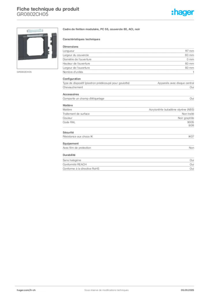 Image Hager Fiche technique du produit GR0802CH05 | Hager Suisse