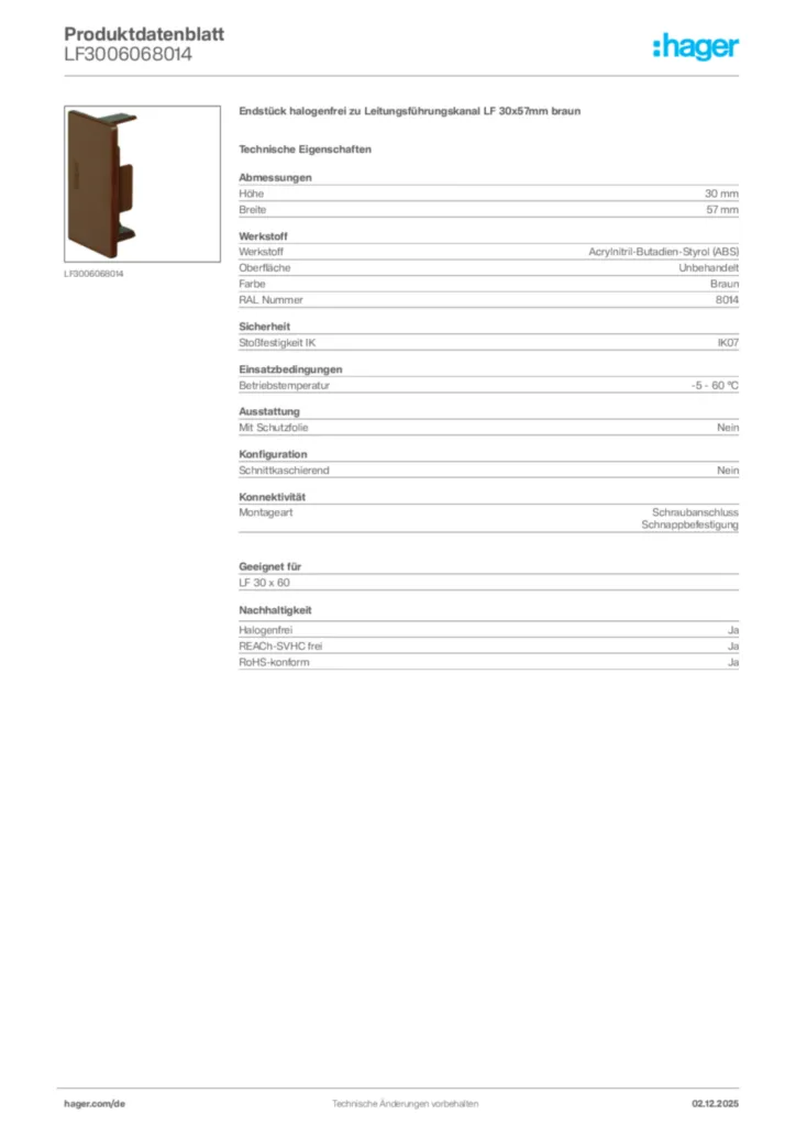 Bild Hager Produktdatenblatt LF3006068014 | Hager Deutschland