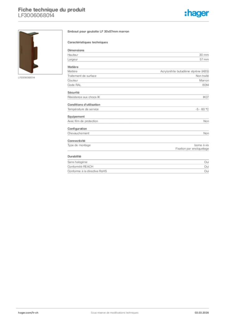 Image Hager Fiche technique du produit LF3006068014 | Hager Suisse