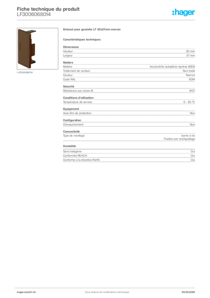 Image Hager Fiche technique du produit LF3006068014 | Hager Suisse