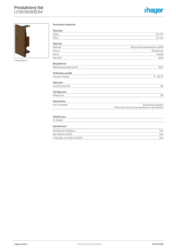 Obrázek Hager Product data sheet LF3006068014 | Hager