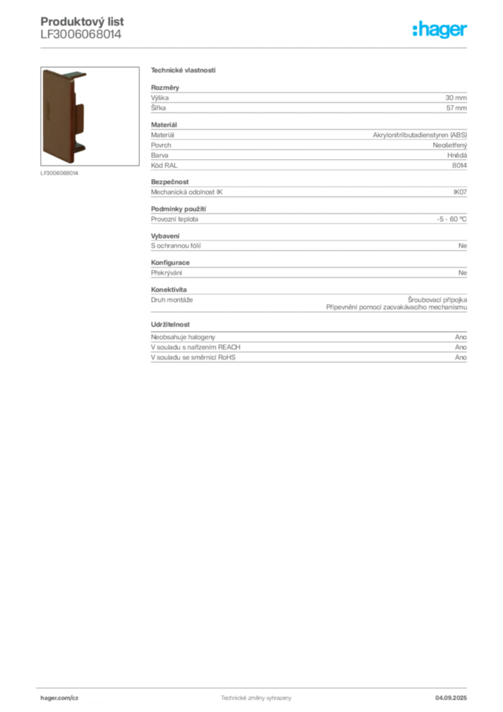 Obrázek Hager Produktový list LF3006068014 | Hager