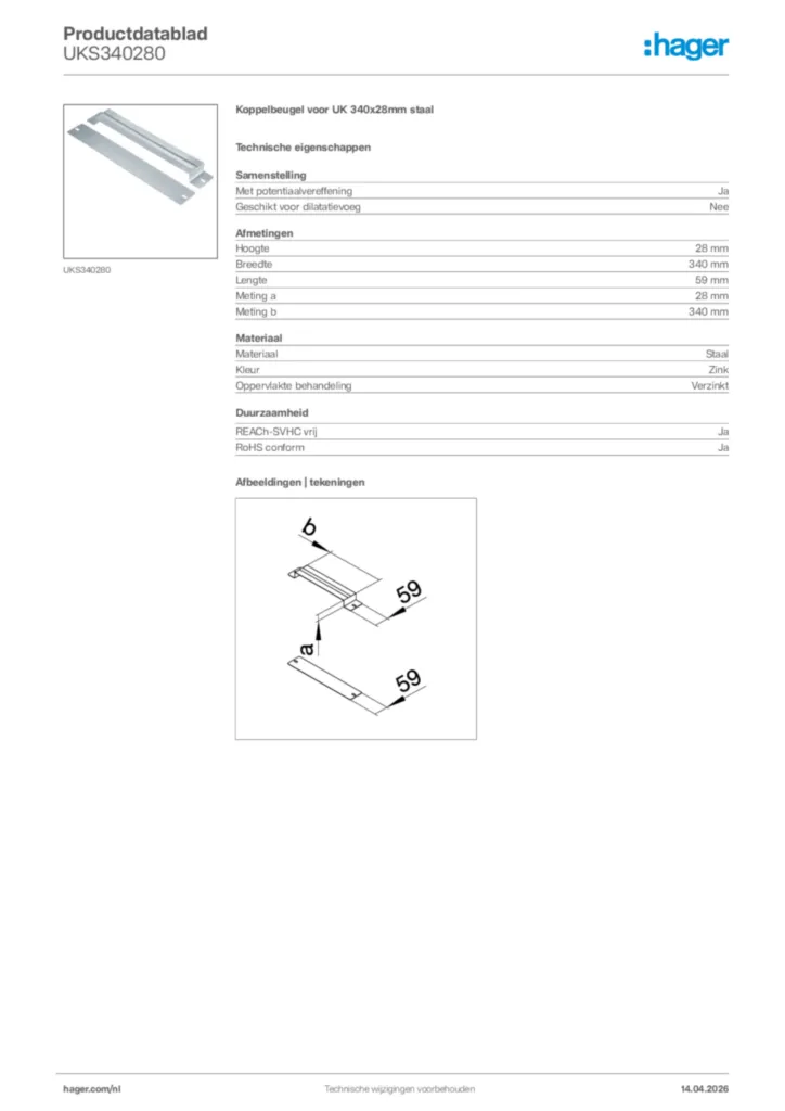 Afbeelding Hager Productdatablad UKS340280 | Hager Nederland