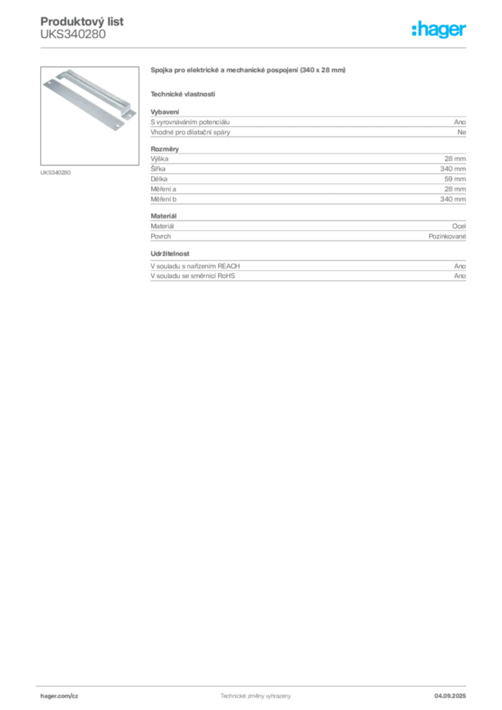 Obrázek Hager Produktový list UKS340280 | Hager