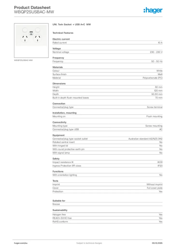 Image Hager Product data sheet WBQP2SUSBAC-MW  | Hager Australia
