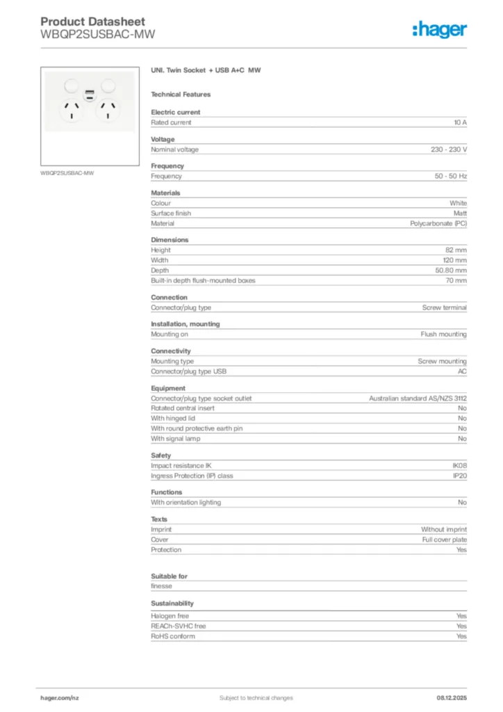 Image Hager Product data sheet WBQP2SUSBAC-MW  | Hager New Zealand