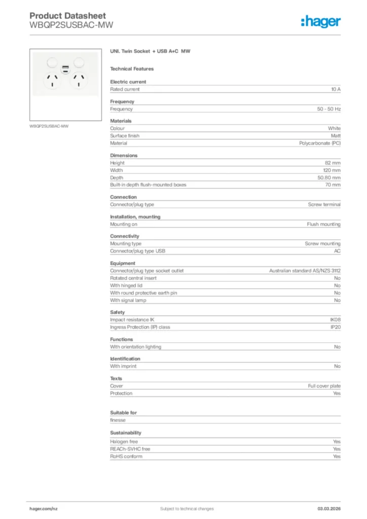 Image Hager Product data sheet WBQP2SUSBAC-MW  | Hager New Zealand