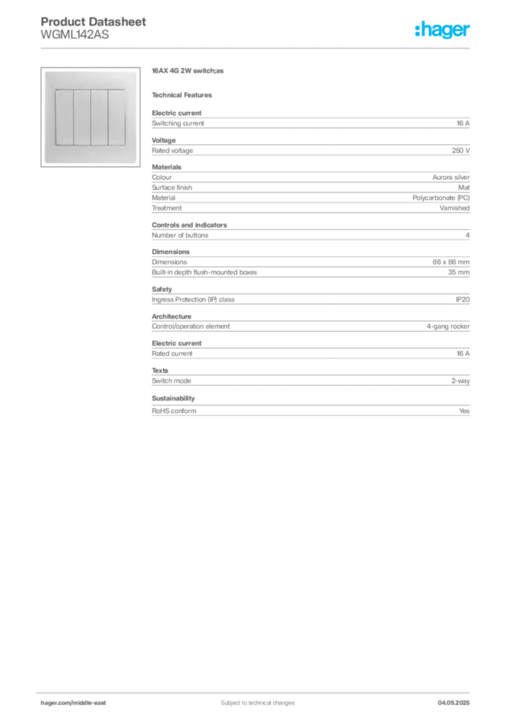 Image Hager Product data sheet WGML142AS  | Hager