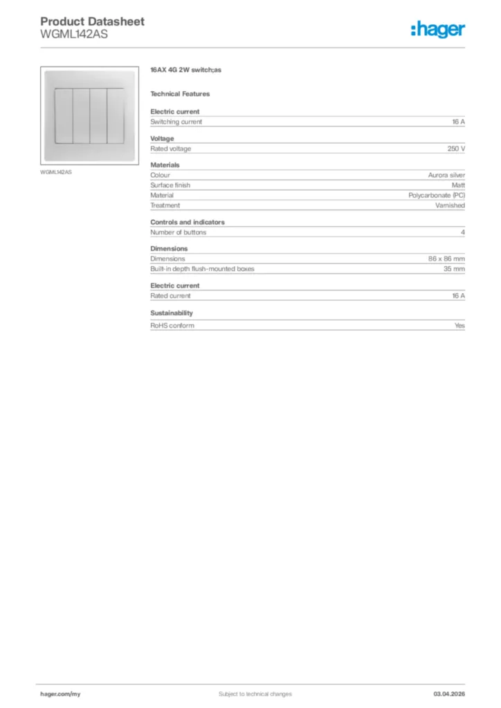 Image Hager Product data sheet WGML142AS  | Hager