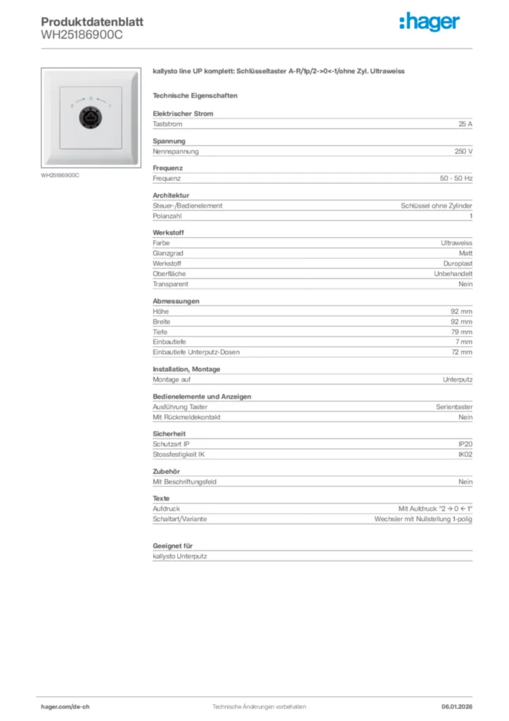 Bild Hager Produktdatenblatt WH25186900C | Hager Schweiz