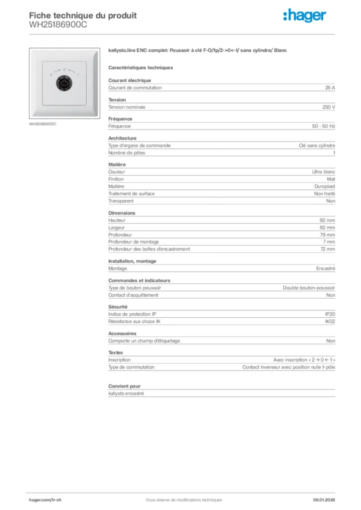 Image Hager Fiche technique du produit WH25186900C | Hager Suisse