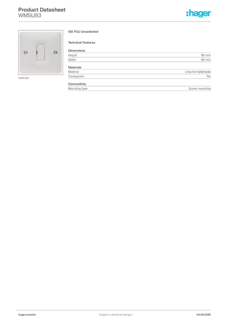 Image Hager Product data sheet WMSU83  | Hager