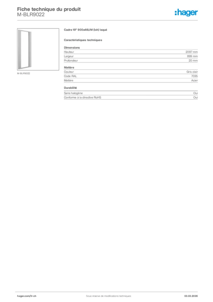 Image Hager Fiche technique du produit M-BLR9022 | Hager Suisse