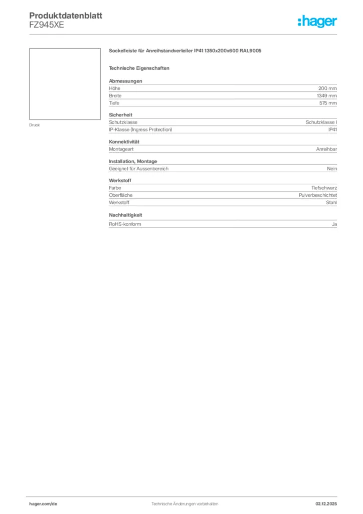Bild Hager Produktdatenblatt FZ945XE | Hager Deutschland
