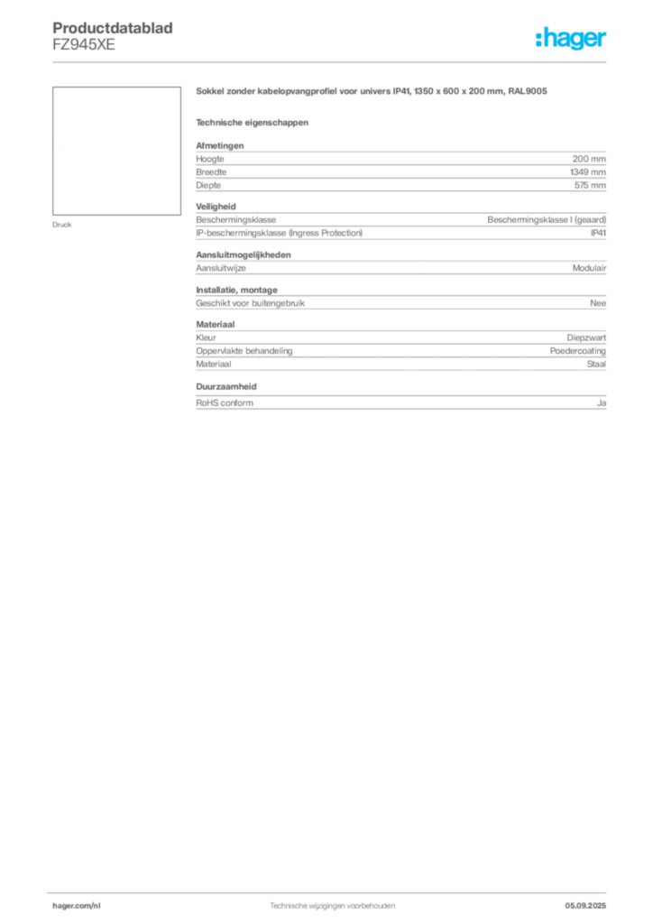 Afbeelding Hager Productdatablad FZ945XE | Hager Nederland
