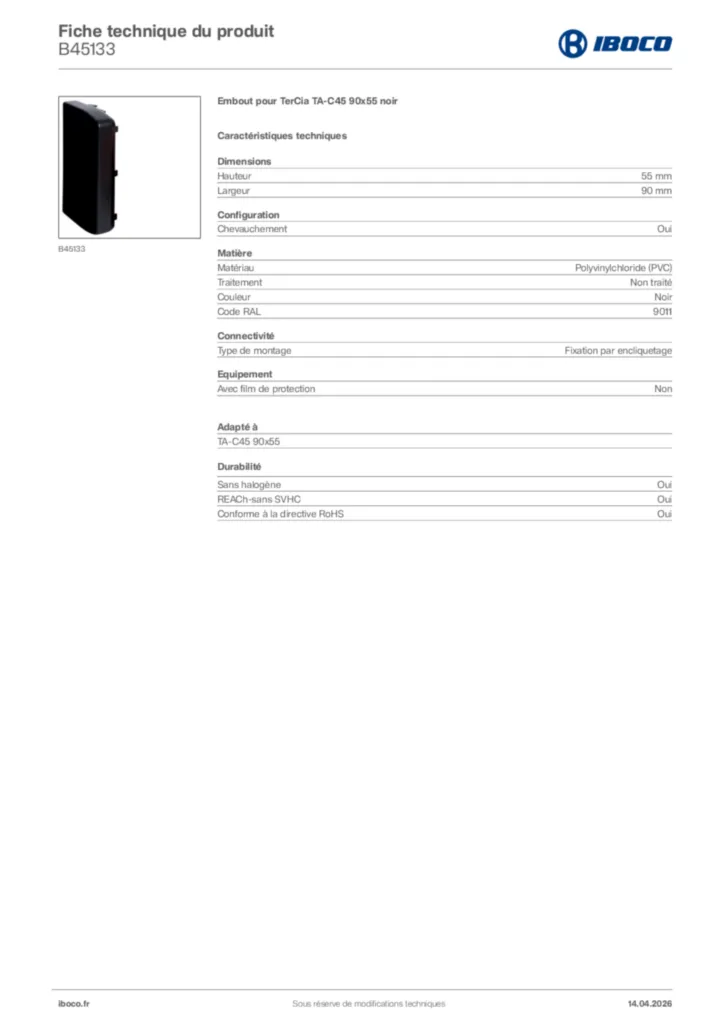 Image Iboco Fiche technique du produit B45133 | Hager France