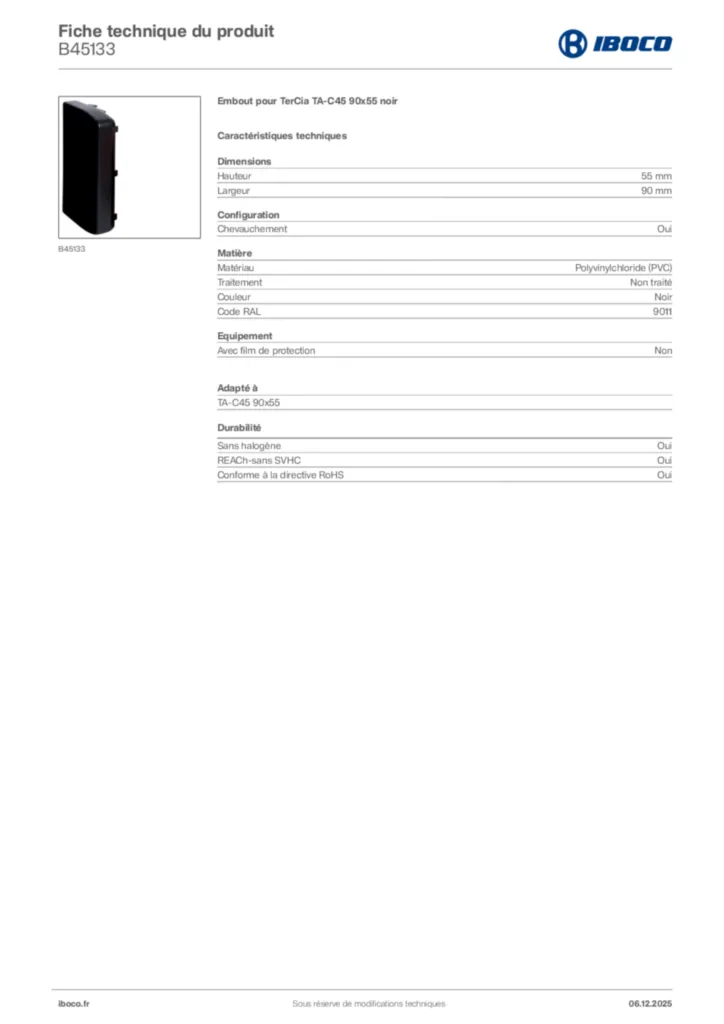 Image Iboco Fiche technique du produit B45133 | Hager France