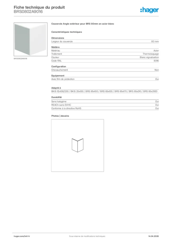 Image Hager Fiche technique du produit BRS0802A9016 | Hager Afrique