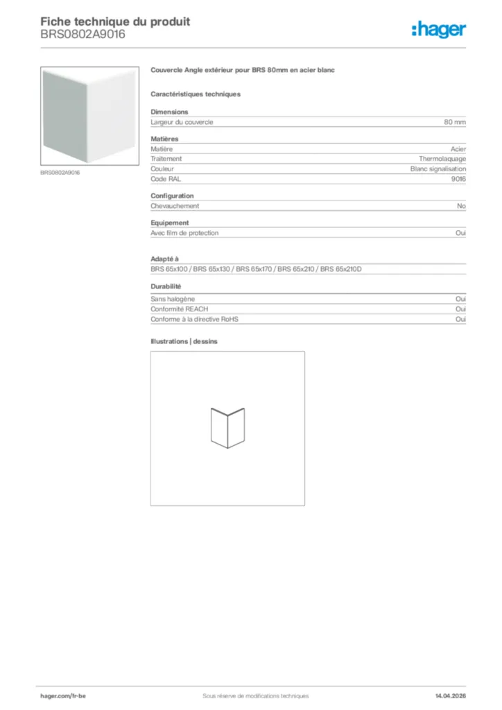 Image Hager Fiche technique du produit BRS0802A9016 | Hager Belgique