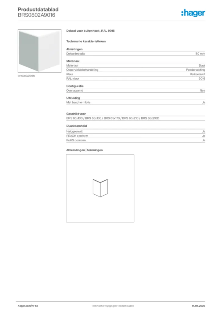 Afbeelding Hager Productdatablad BRS0802A9016 | Hager Belgium