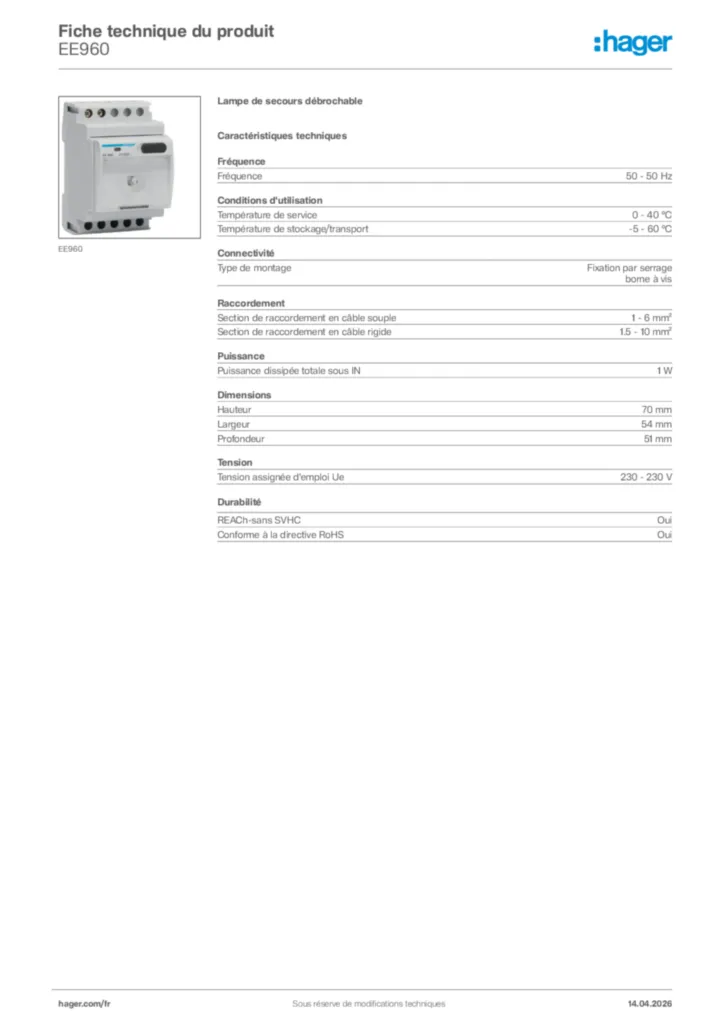 Image Hager Fiche technique du produit EE960 | Hager France