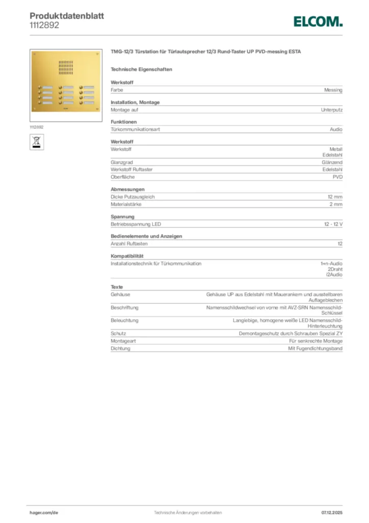 Bild Elcom Produktdatenblatt 1112892 | Hager Deutschland
