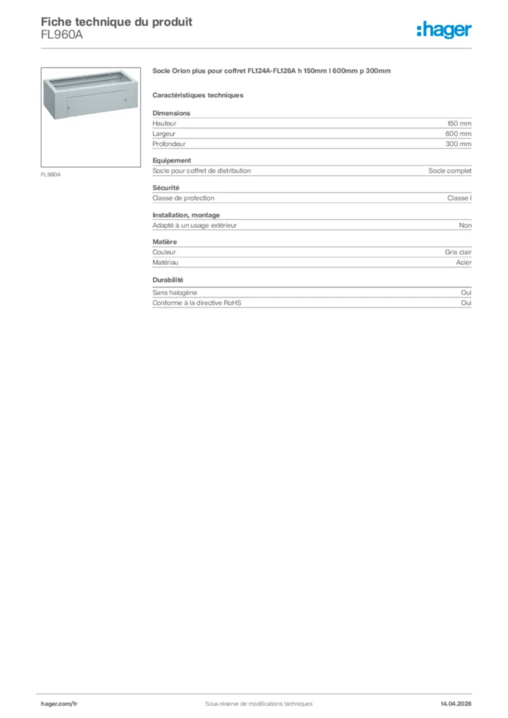 Image Hager Fiche technique du produit FL960A | Hager France