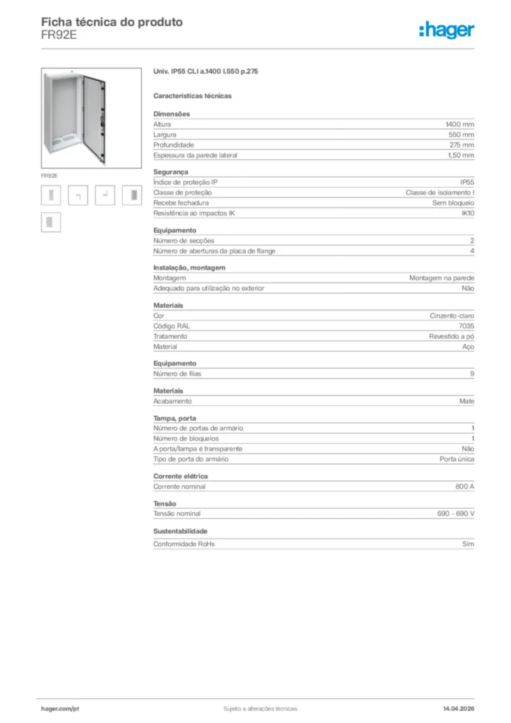 Imagem Hager Ficha técnica do produto FR92E | Hager Portugal