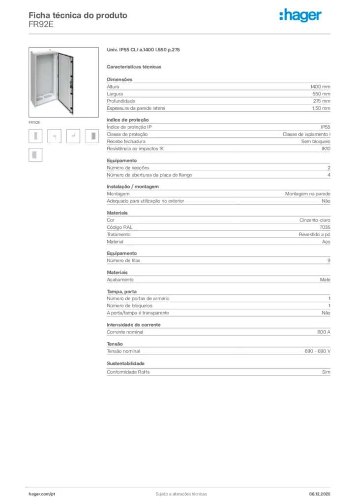 Imagem Hager Ficha técnica do produto FR92E | Hager Portugal