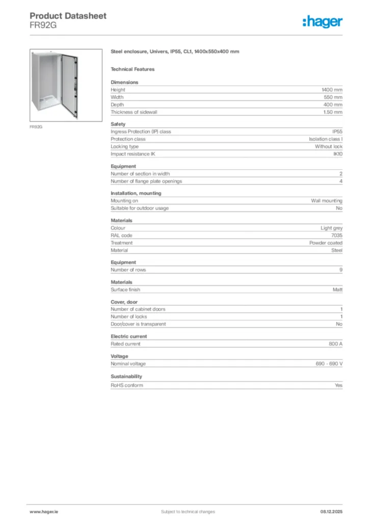 Image Hager Product data sheet FR92G  | Hager