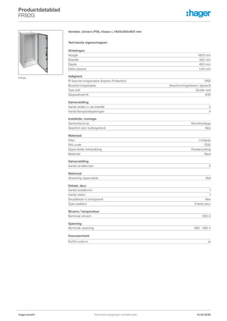 Afbeelding Hager Productdatablad FR92G | Hager Nederland