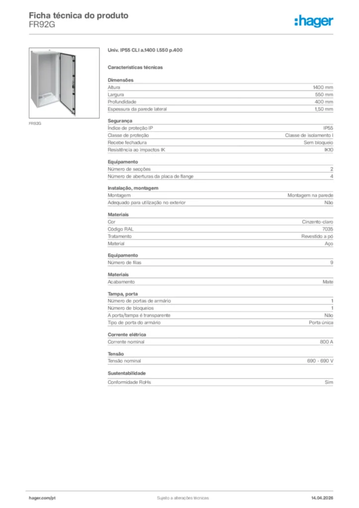Imagem Hager Ficha técnica do produto FR92G | Hager Portugal