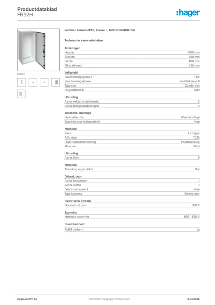Afbeelding Hager Productdatablad FR92H | Hager Belgium