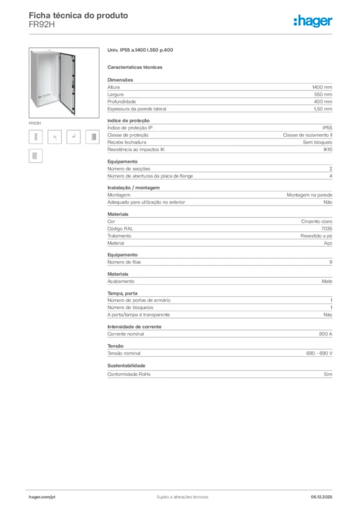 Imagem Hager Ficha técnica do produto FR92H | Hager Portugal