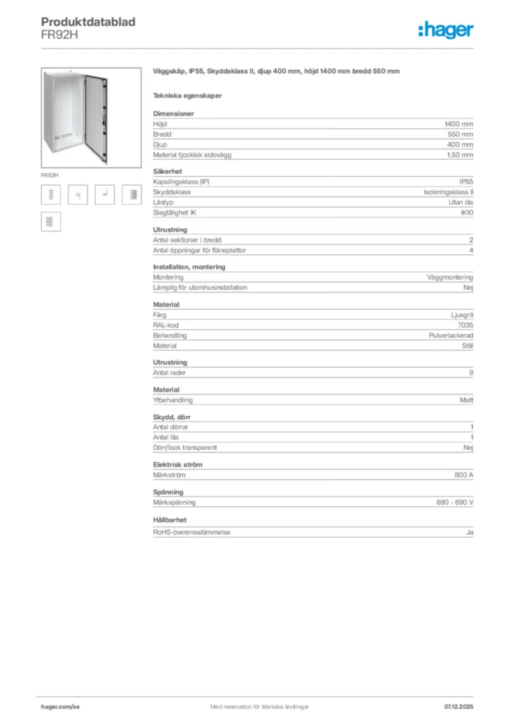 Bild Hager Produktdatablad FR92H | Hager Sverige