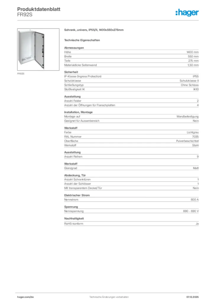 Hager Produktdatenblatt FR92S