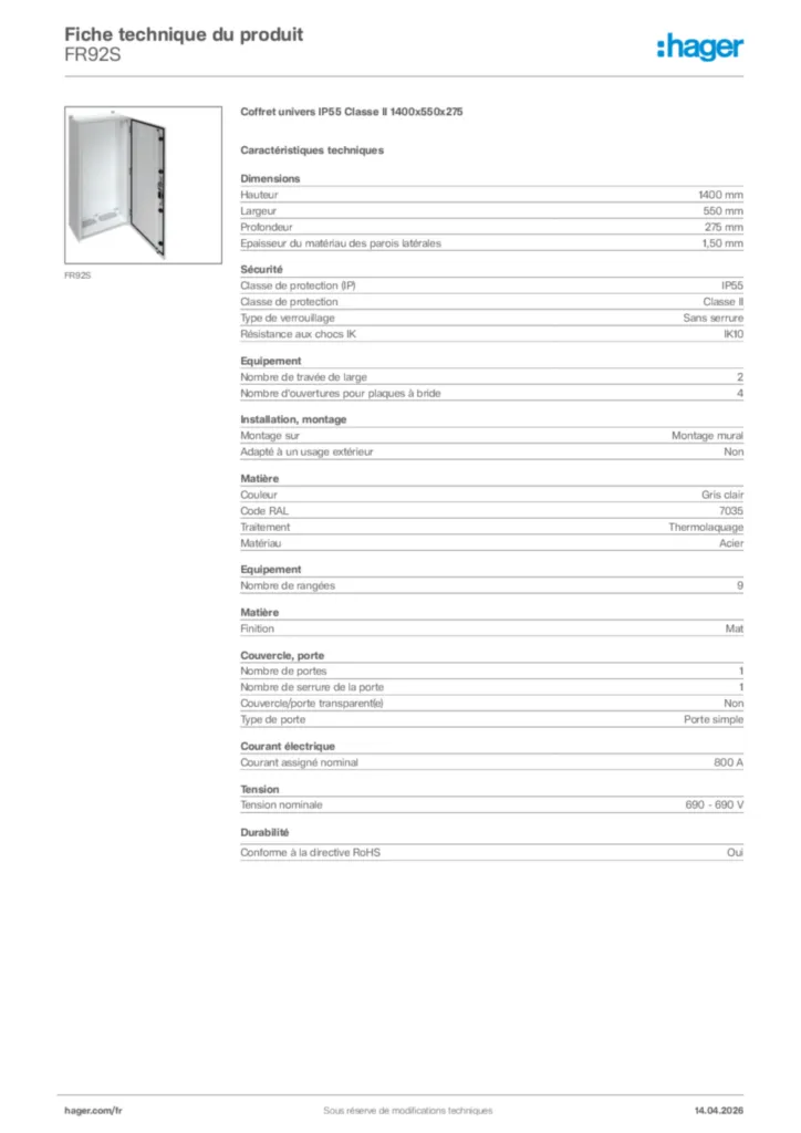 Image Hager Fiche technique du produit FR92S | Hager France