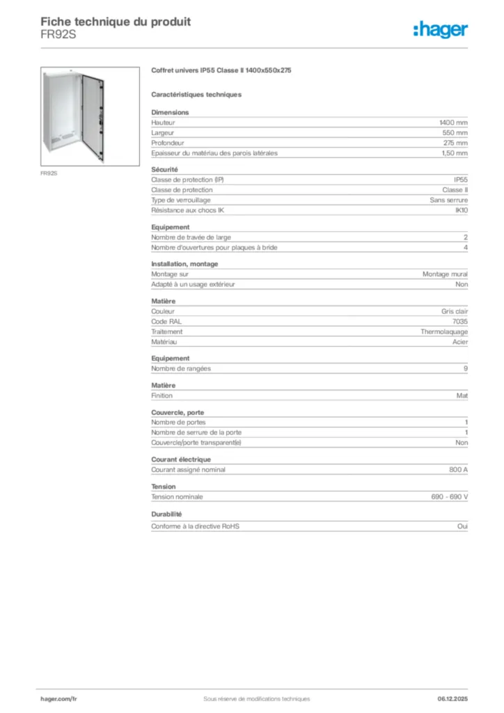 Image Hager Fiche technique du produit FR92S | Hager France