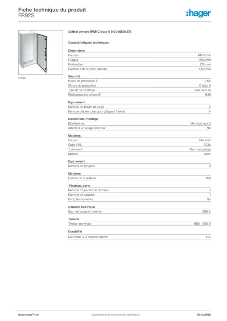 Image Hager Fiche technique du produit FR92S | Hager Belgique