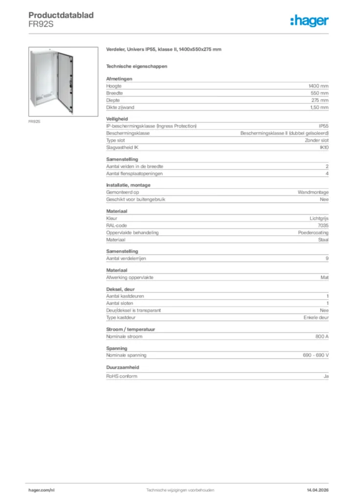 Afbeelding Hager Productdatablad FR92S | Hager Nederland
