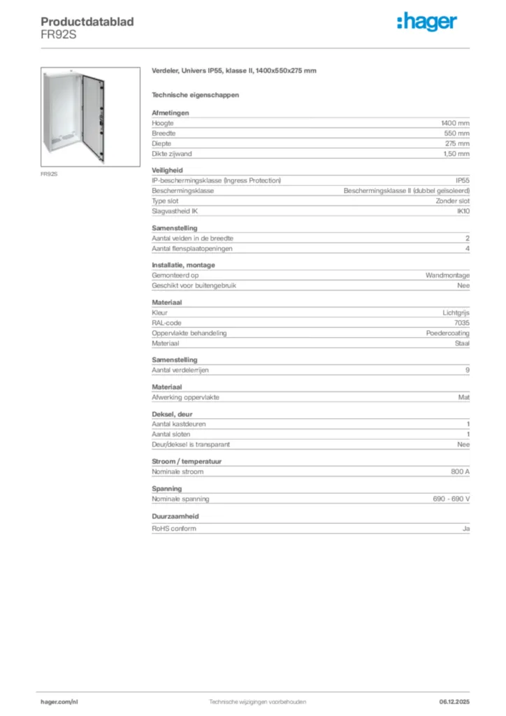 Afbeelding Hager Productdatablad FR92S | Hager Nederland