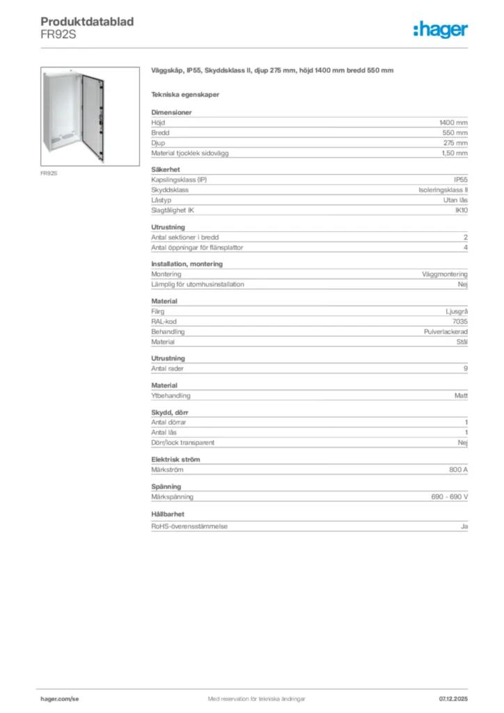 Bild Hager Produktdatablad FR92S | Hager Sverige