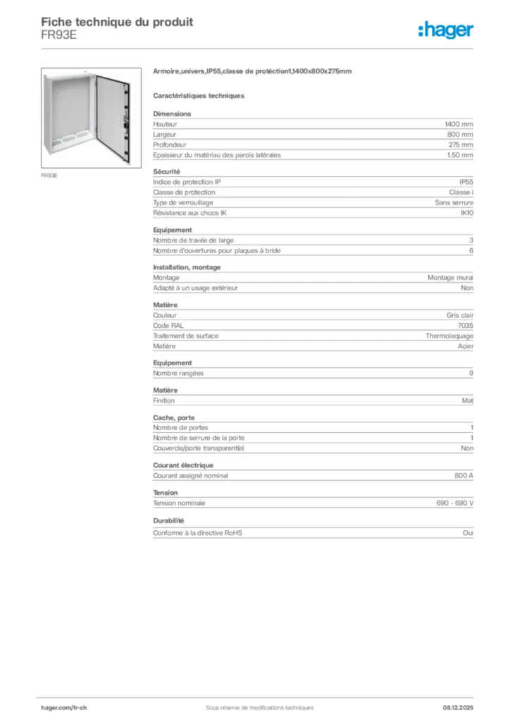 Image Hager Fiche technique du produit FR93E | Hager Suisse