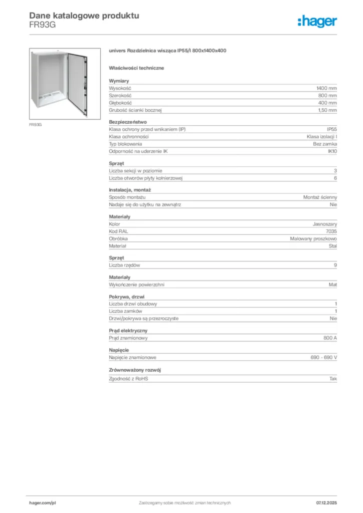 Zdjęcie Hager Karta katalogowa FR93G | Hager Polska