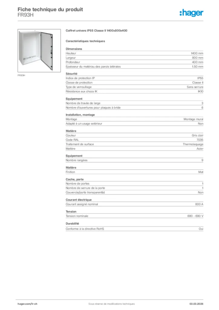 Image Hager Fiche technique du produit FR93H | Hager Suisse