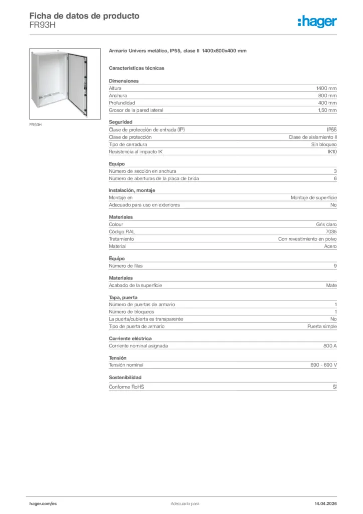 Imagen Hager Ficha de datos de producto FR93H | Hager España