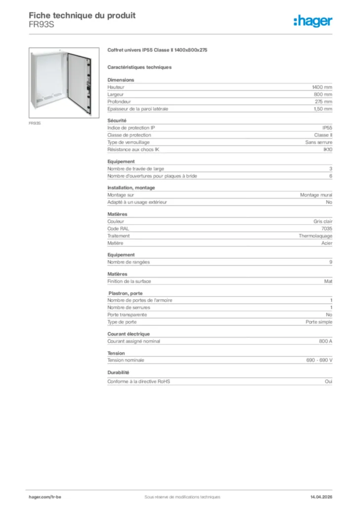 Image Hager Fiche technique du produit FR93S | Hager Belgique