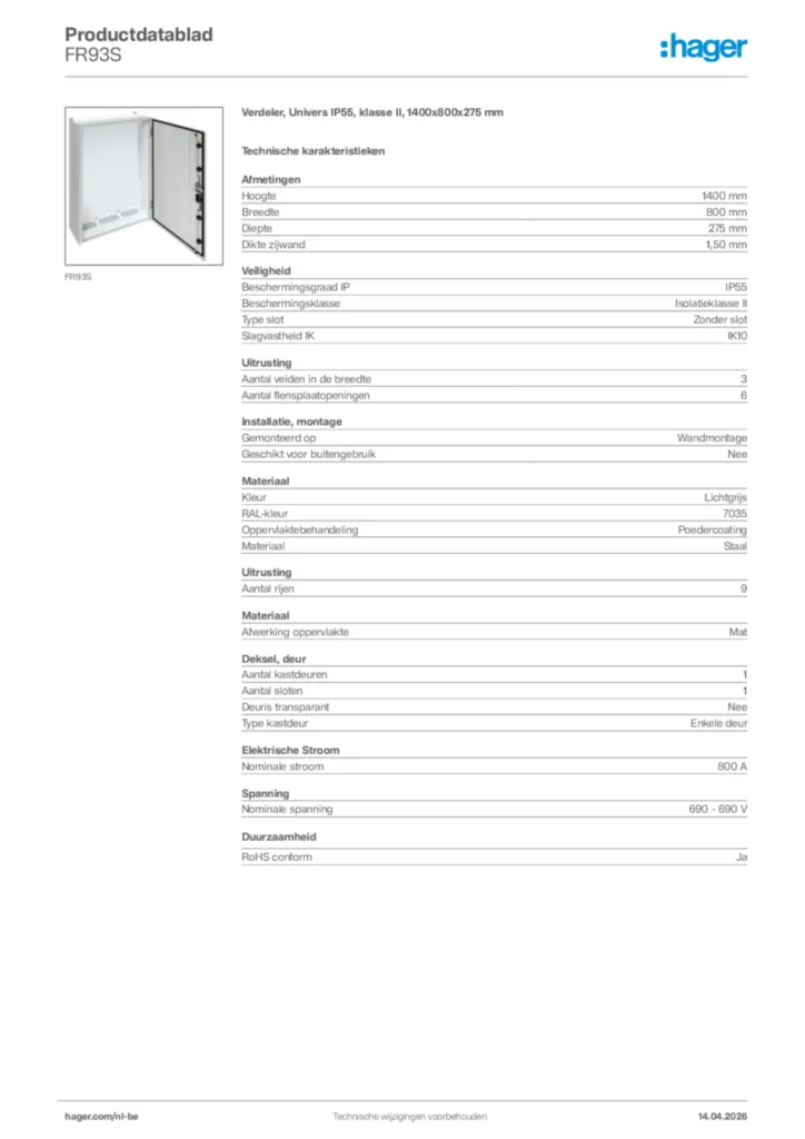 Afbeelding Hager Productdatablad FR93S | Hager Belgium