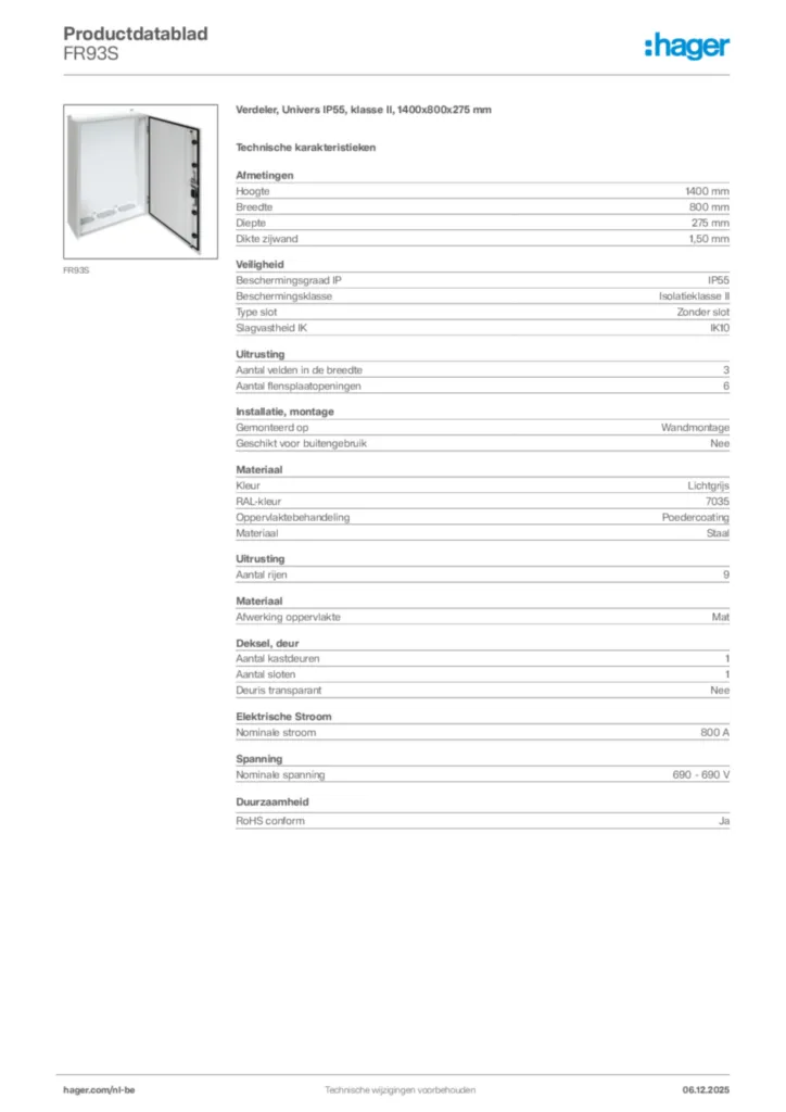 Afbeelding Hager Productdatablad FR93S | Hager Belgium